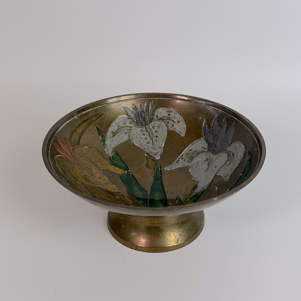 VTG Enameled Brass Dish Small Decor Daffodil Flowers Pedestal Footed Trinket